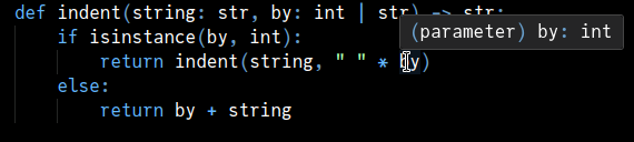 Hovering over "by" in the positive branch of the "if" shows "by: int"