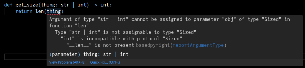 Warning in VSCode, complaining that you cannot call len() on a value of type "str | int"