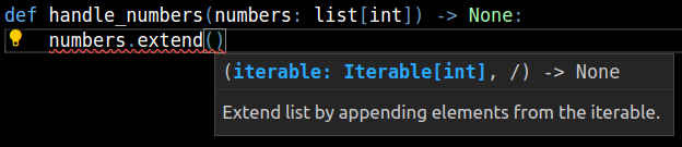 list.extend signature in VSCode